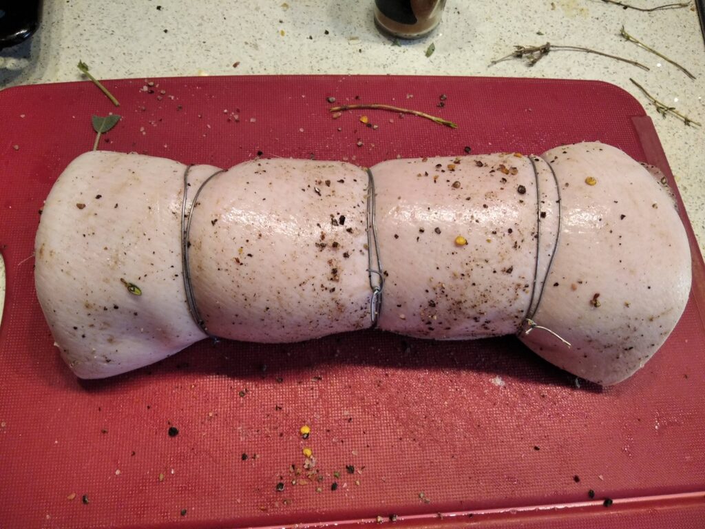 Porchetta is traditionally rolled pork belly with rosemary, sage and fennel